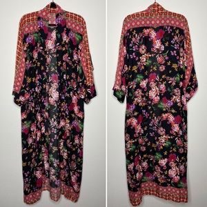 Bohemian Patchwork Floral Boho Print Open Front Longline Duster Kimono Cardigan